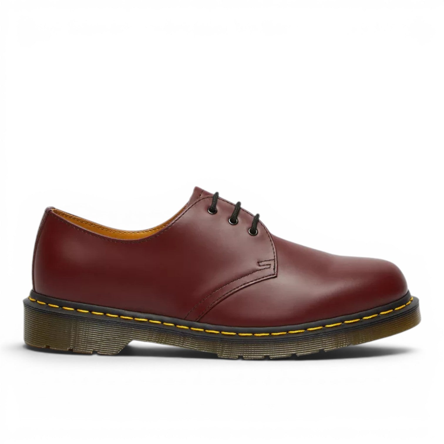My Store Dr. Martens 1461 smooth cherry red leather oxford shoes with yellow stitching and black laces.