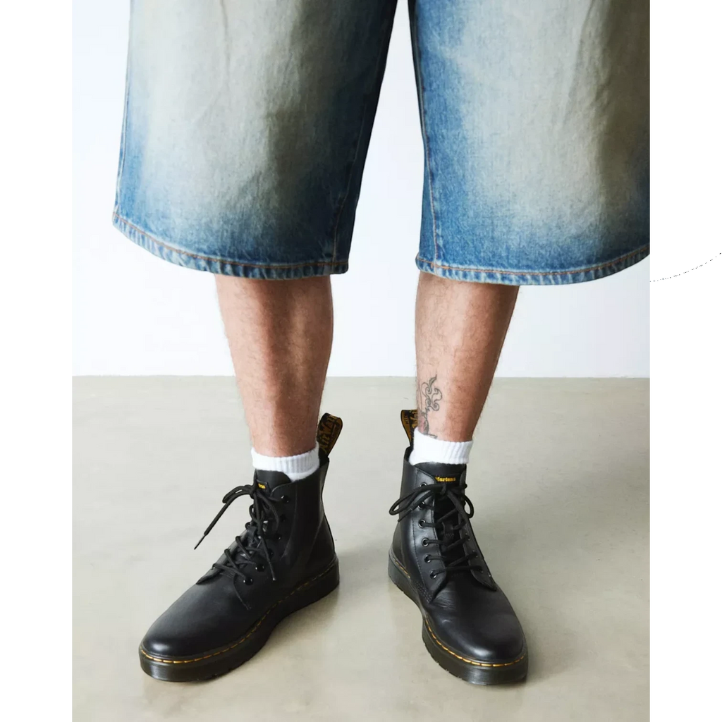 My Store Dr. Martens Thurston Lusso Leather Chukka boots in black with yellow stitching and laces.