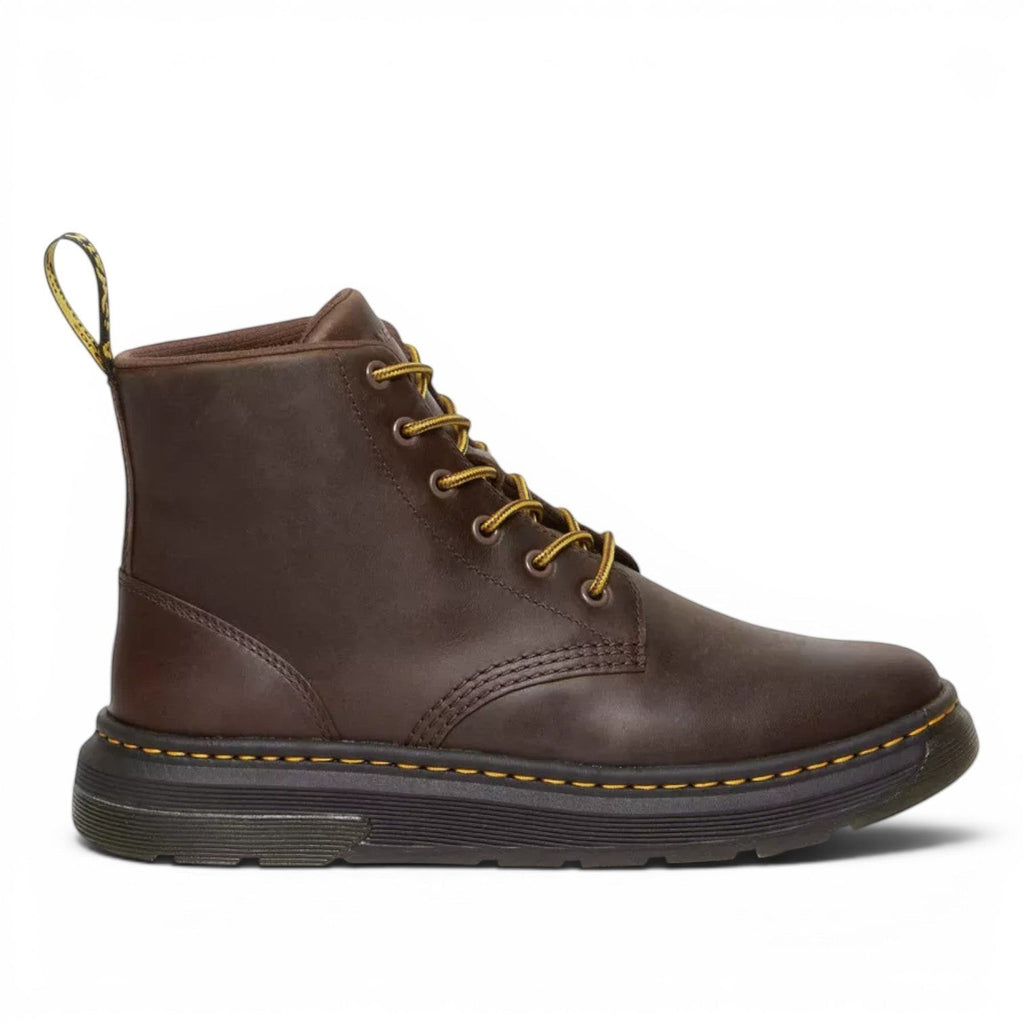 My Store Dr. Martens Crewson Crazy Horse Chukka boots in dark brown leather with yellow laces and stitching.
