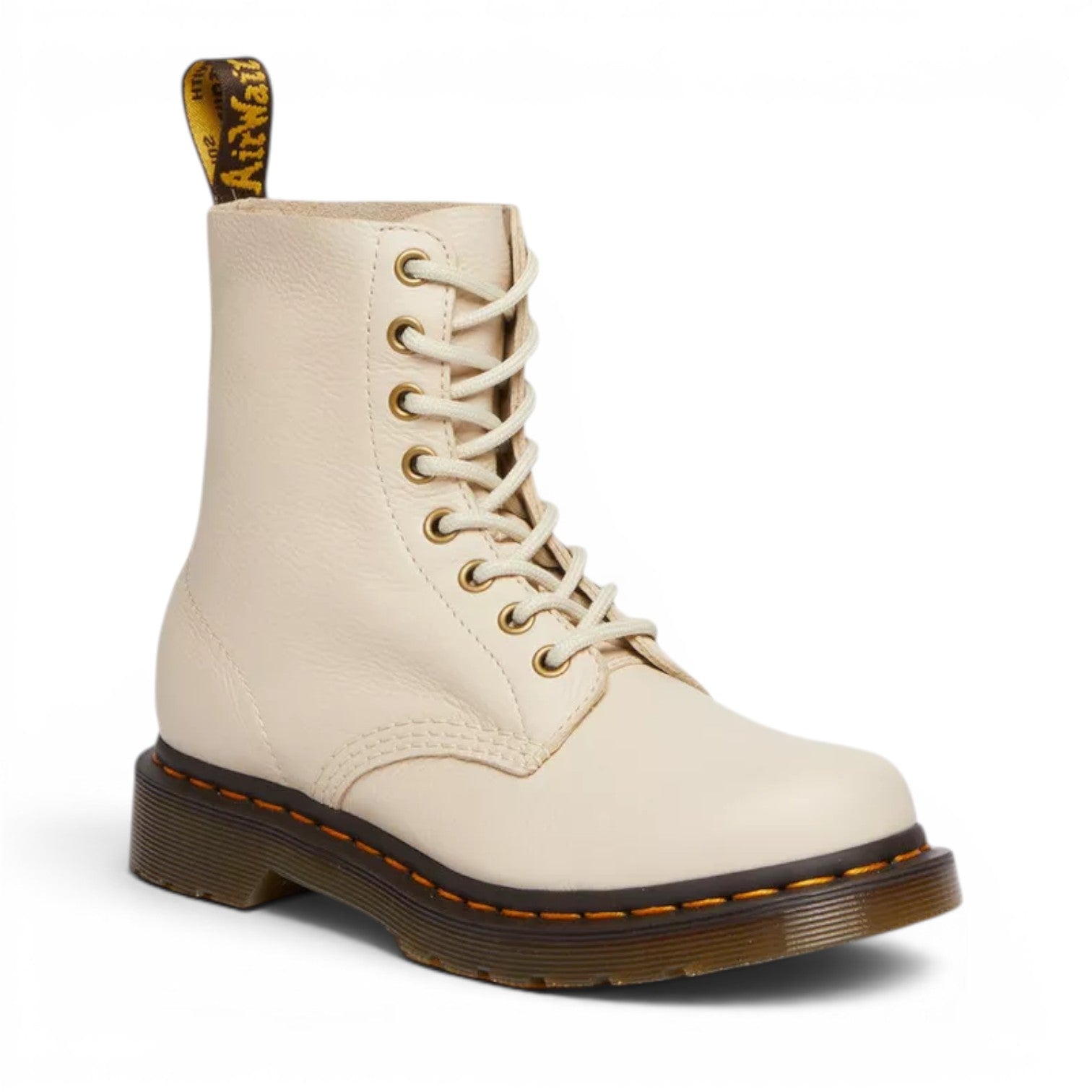 My Store Dr. Martens 1460 Pascal Virginia leather cream boots with yellow stitching and AirWair heel loop.