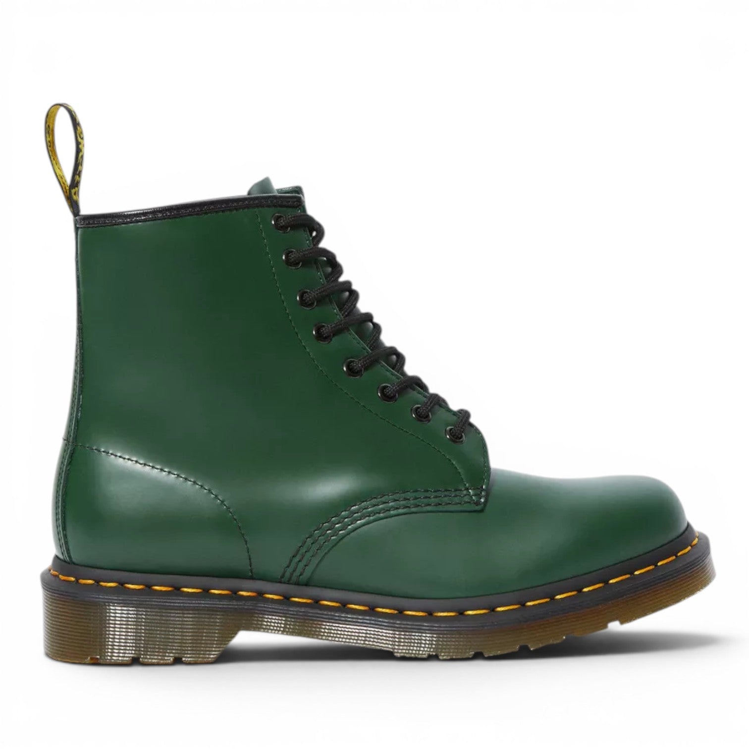 My Store Dr. Martens 1460 green smooth leather lace-up boots with yellow stitching and black laces.