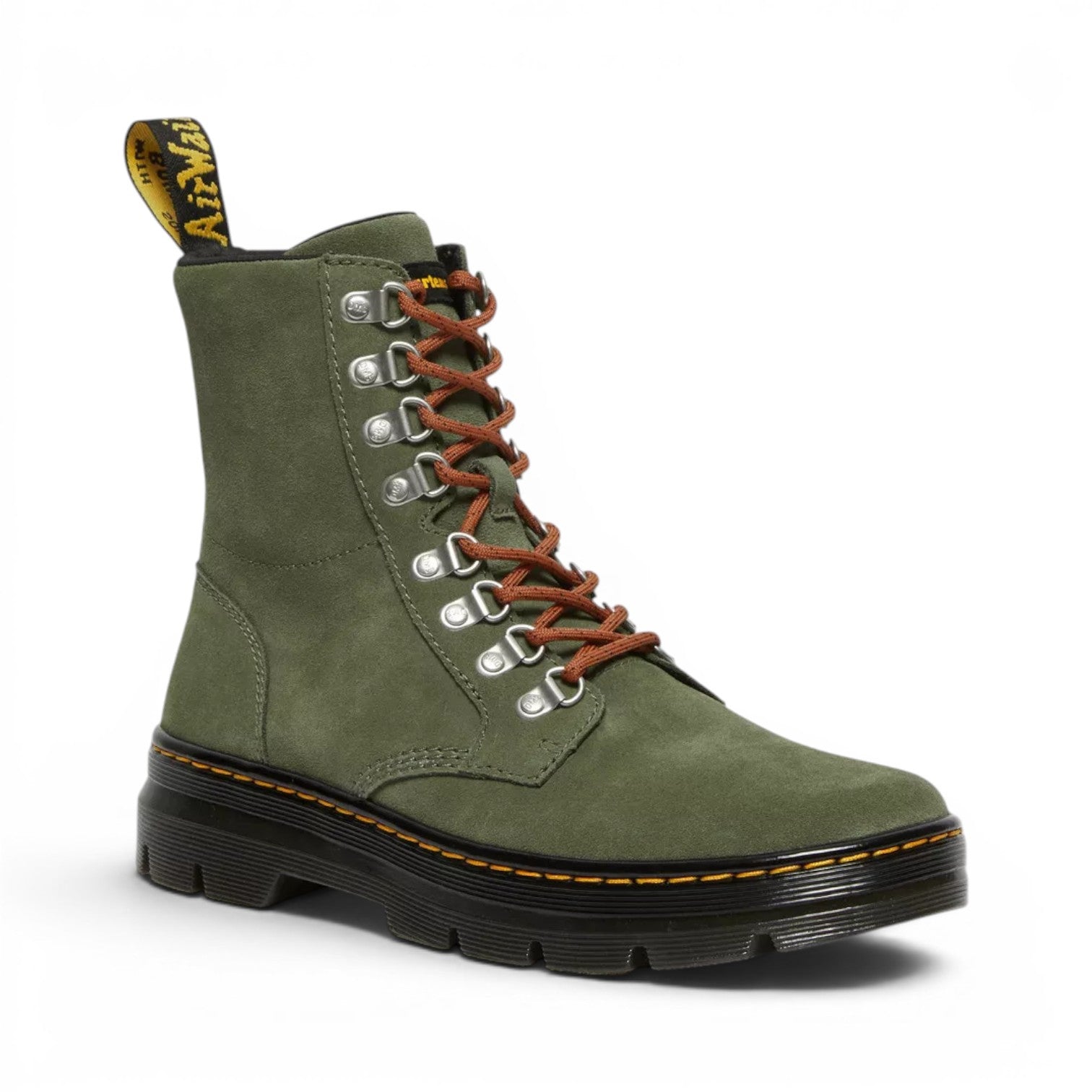 My Store Dr. Martens green suede utility boots with orange laces and black platform sole.