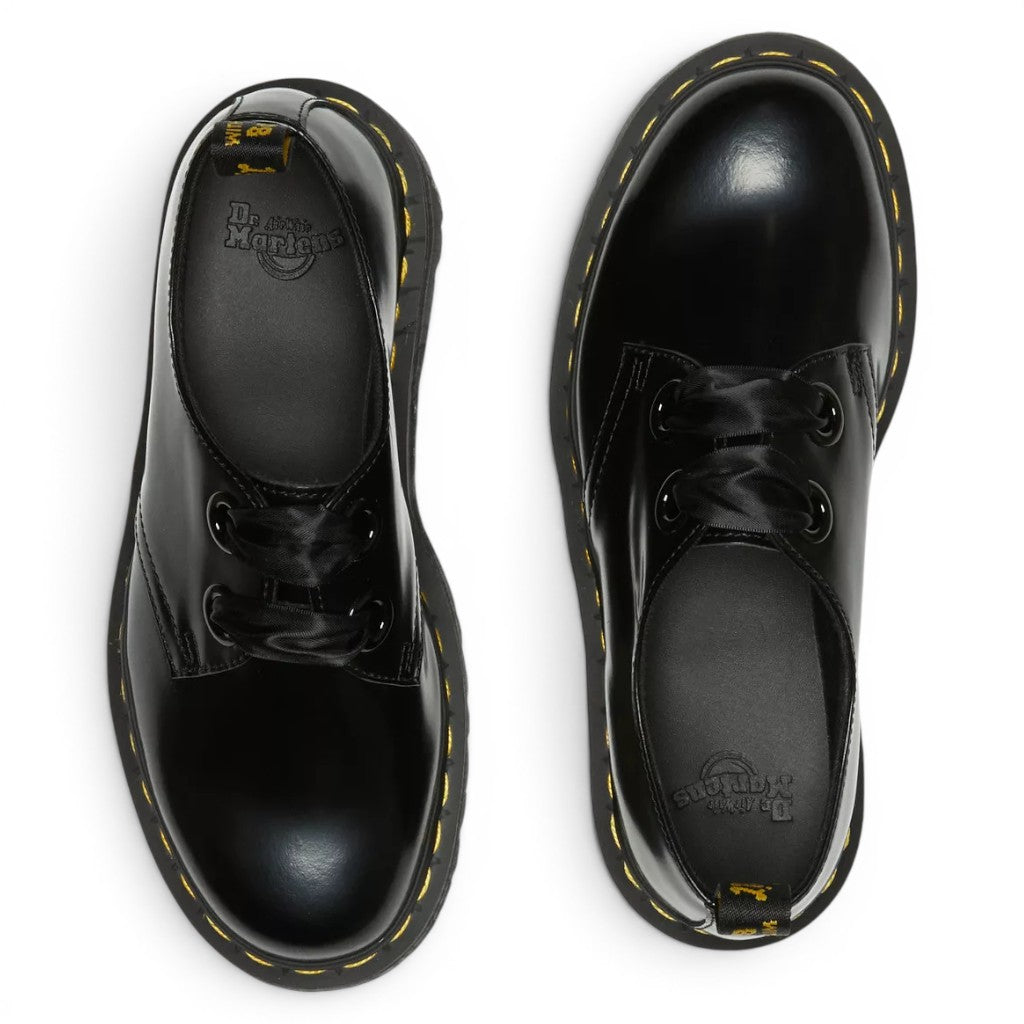 My Store Dr. Martens Holly Platform black leather platform shoes with satin laces and yellow stitching.