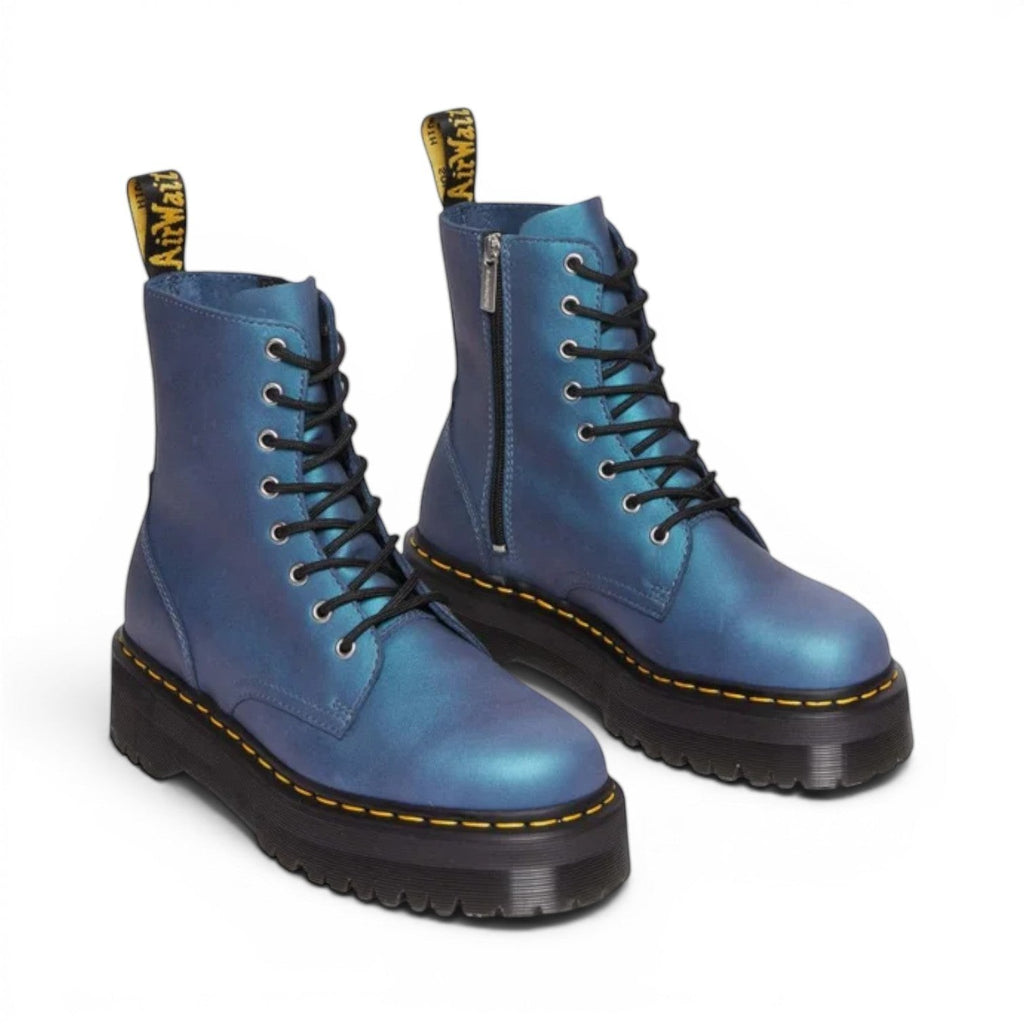 My Store Dr. Martens Jadon Deep Blue iridescent leather platform boots with black laces and side zip.