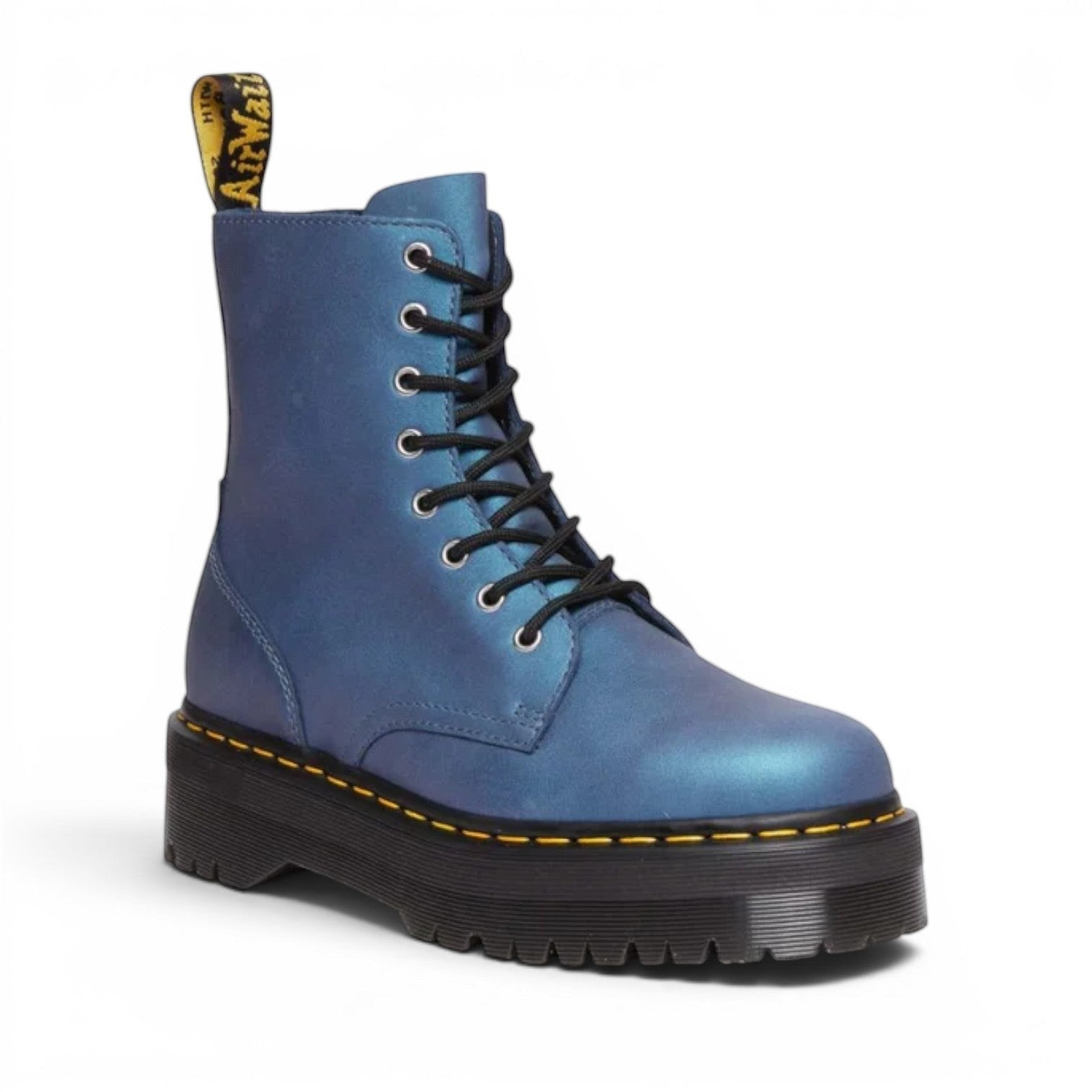My Store Dr. Martens Jadon Deep Blue iridescent leather platform boots with black laces and yellow stitching.