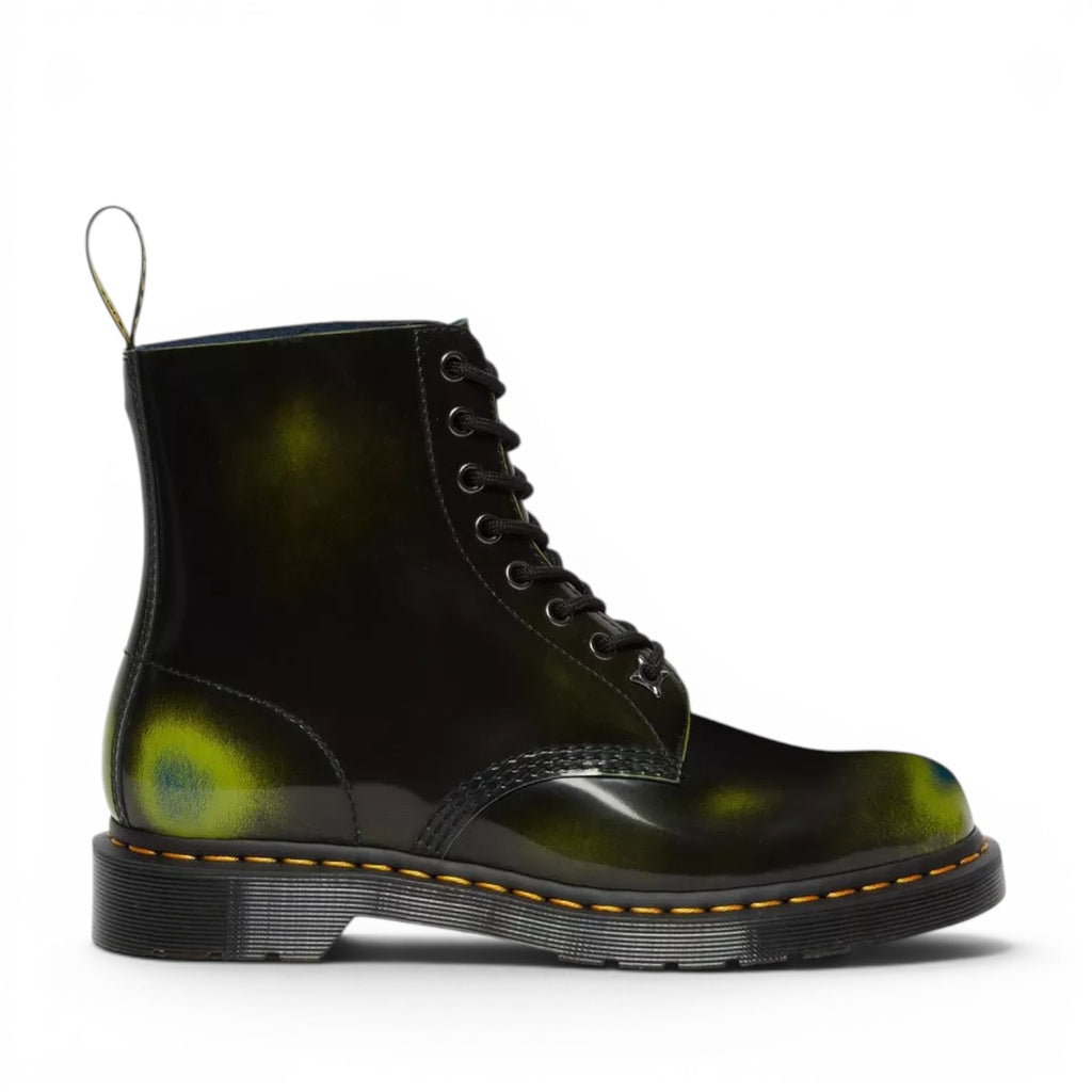 My Store Dr. Martens 1460 Pascal Multi Arcadia leather boots in dark green with yellow undertones and yellow stitching.