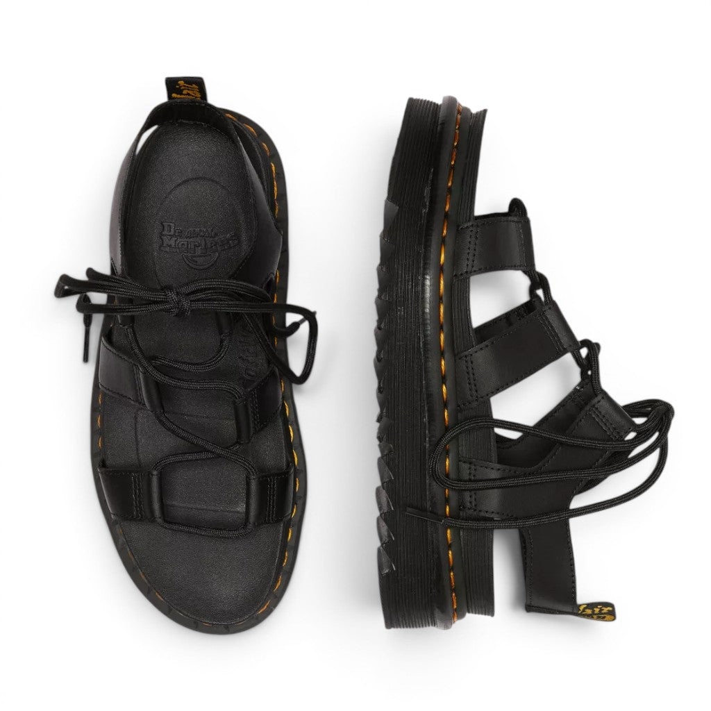 My Store black leather Dr. Martens Nartilla Hydro lace-up gladiator sandals with a matte finish and chunky sole.