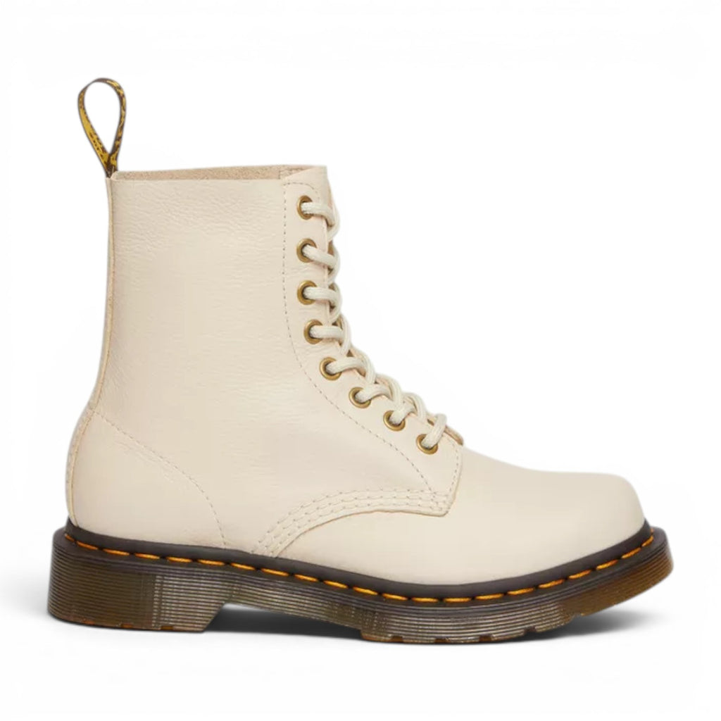 My Store Dr. Martens 1460 Pascal Virginia leather boots in off-white with yellow heel loop and gold eyelets.