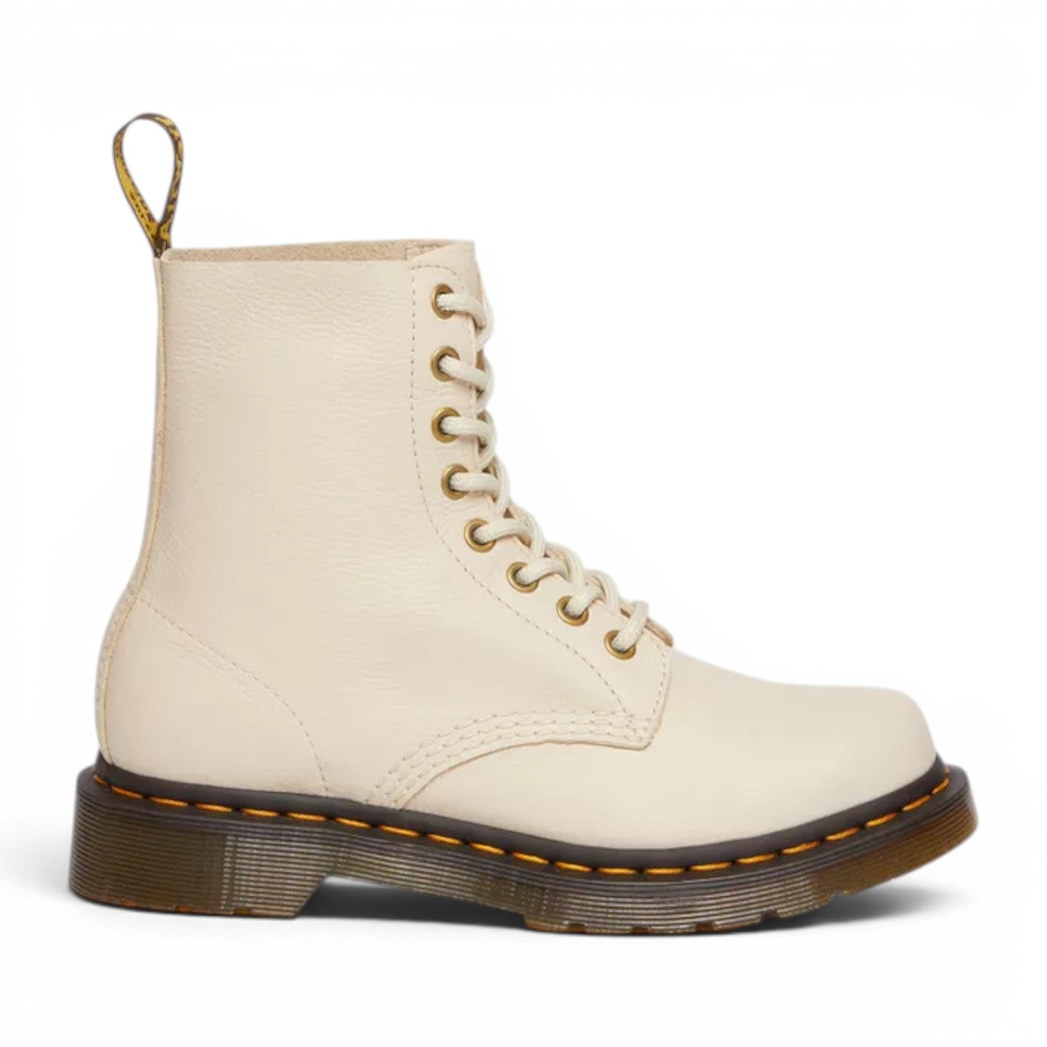 My Store Dr. Martens 1460 Pascal Virginia leather boots in off-white with yellow heel loop and gold eyelets.