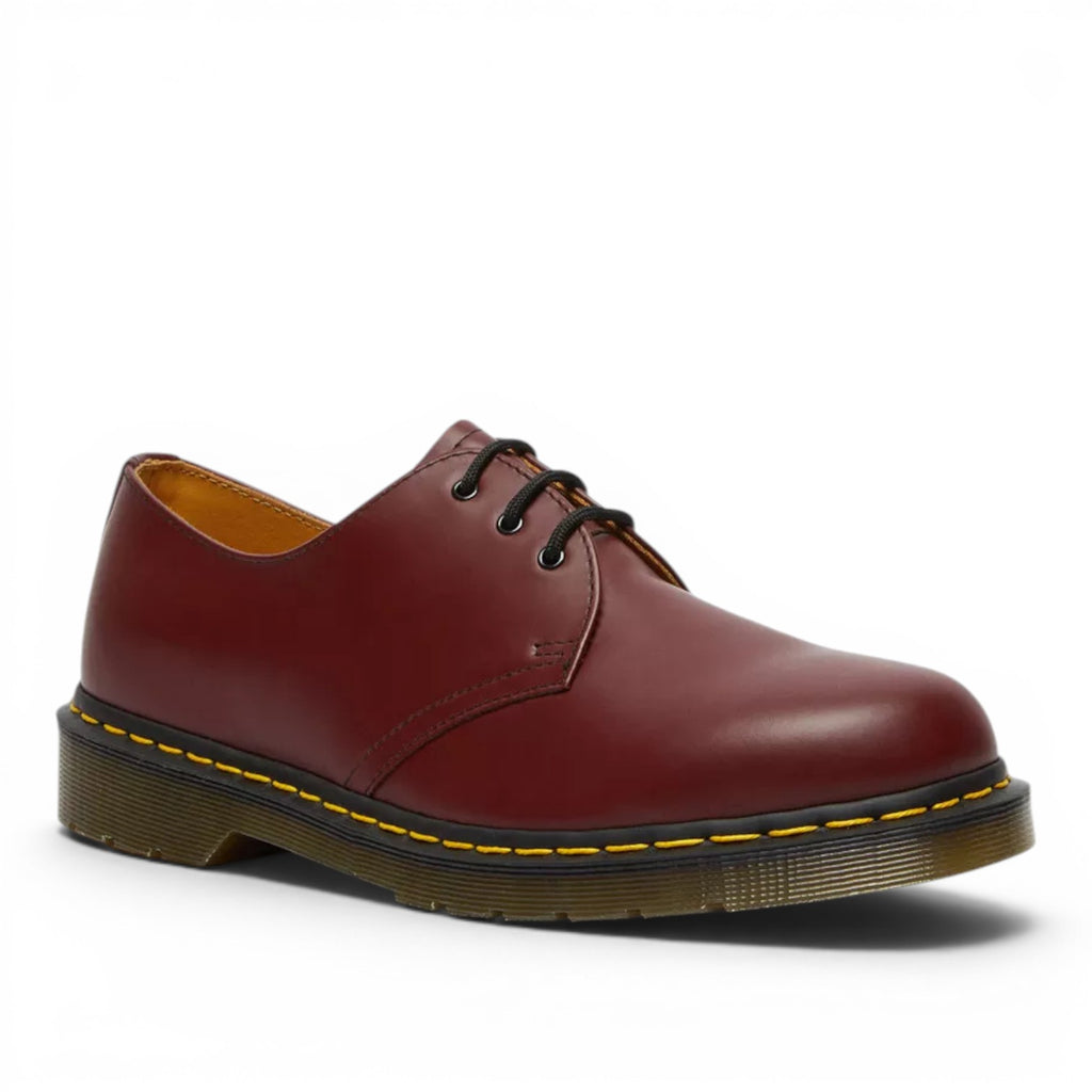 My Store Dr. Martens 1461 Smooth Leather Oxford shoes in oxblood red with black laces and yellow stitching.