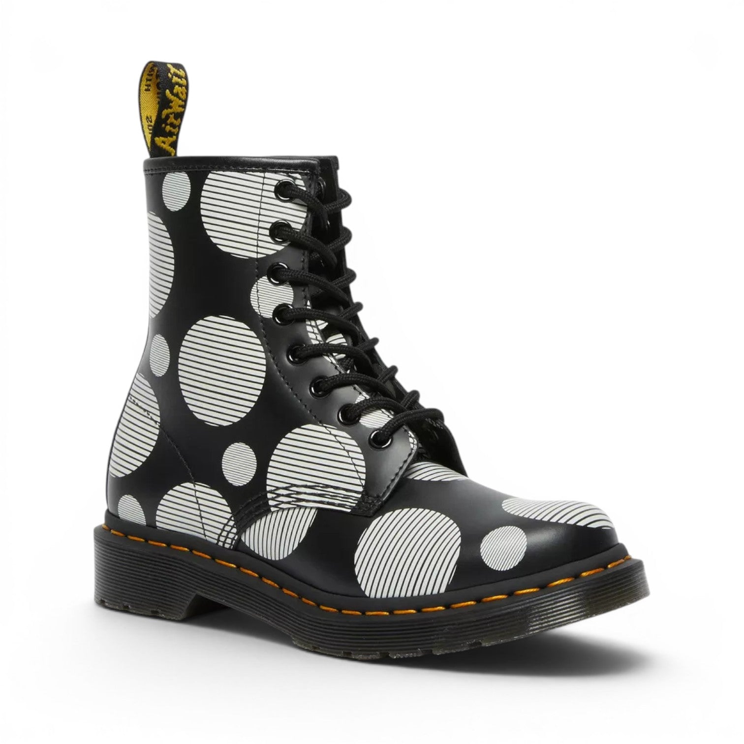 My Store Dr. Martens 1460 black smooth leather boots with white polka dot pattern and yellow stitching.