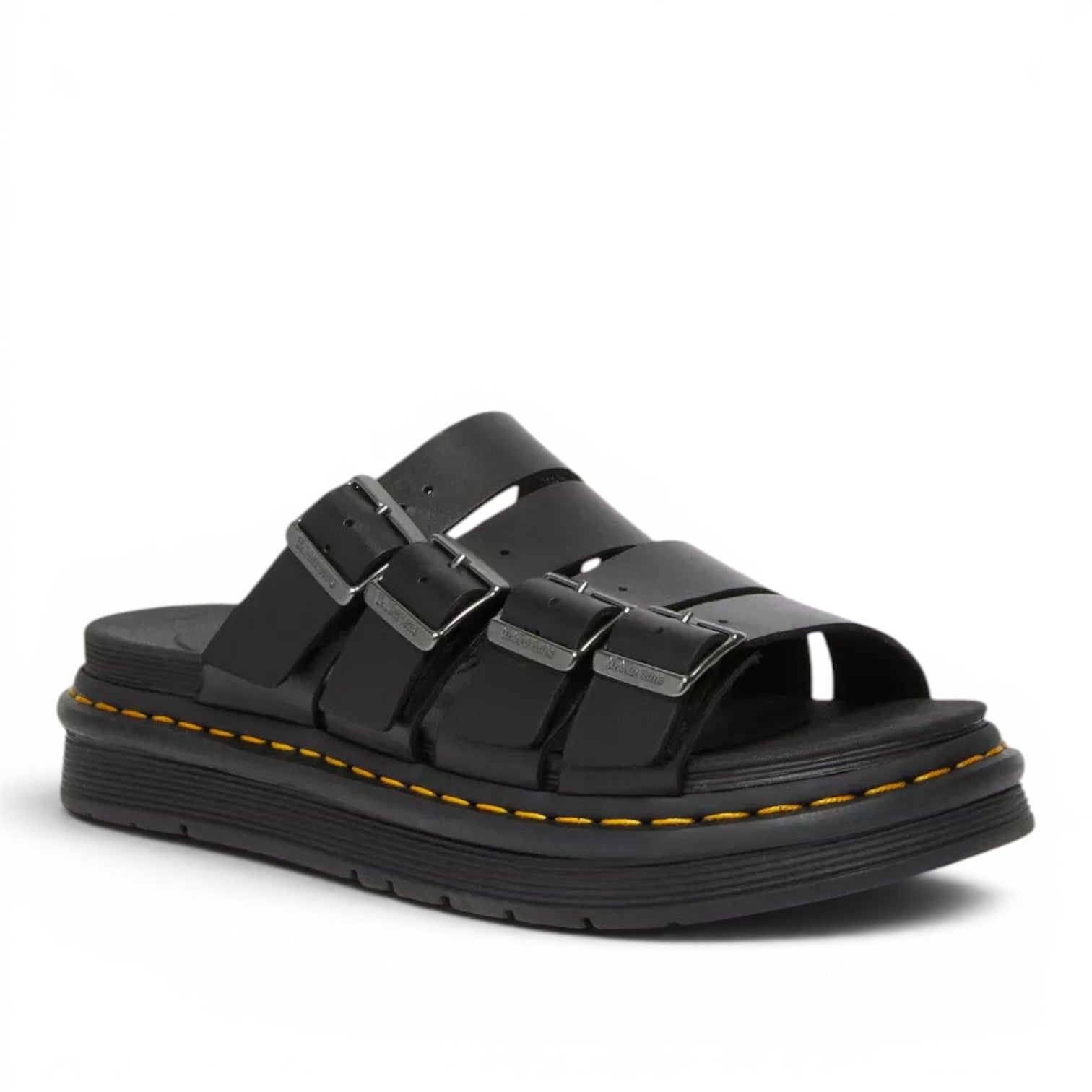 My Store Dr. Martens Tate Brando black leather slide sandals with three buckle straps and a platform sole.