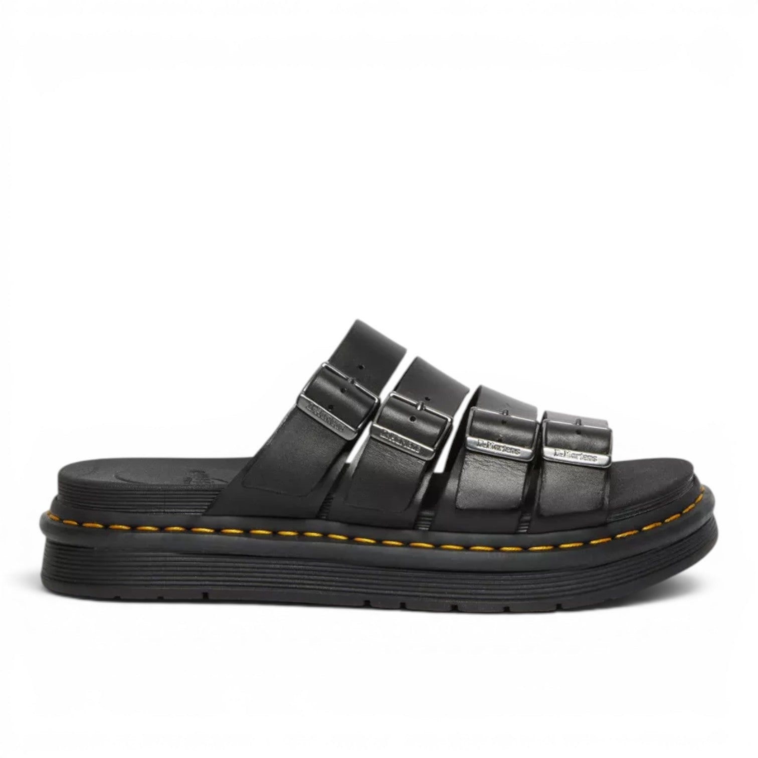 My Store Dr. Martens Tate Brando black leather slide sandals with three adjustable buckle straps and yellow stitching on a thick EVA sole.