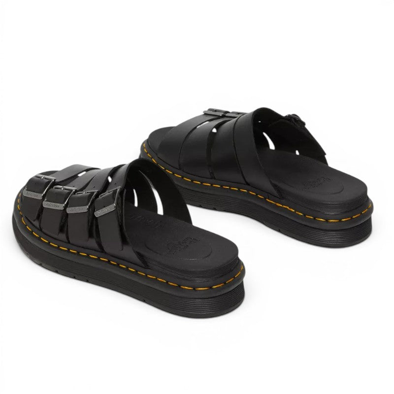 My Store Dr. Martens Tate Brando black leather slide sandals with multiple straps and silver buckles. 100% leather.