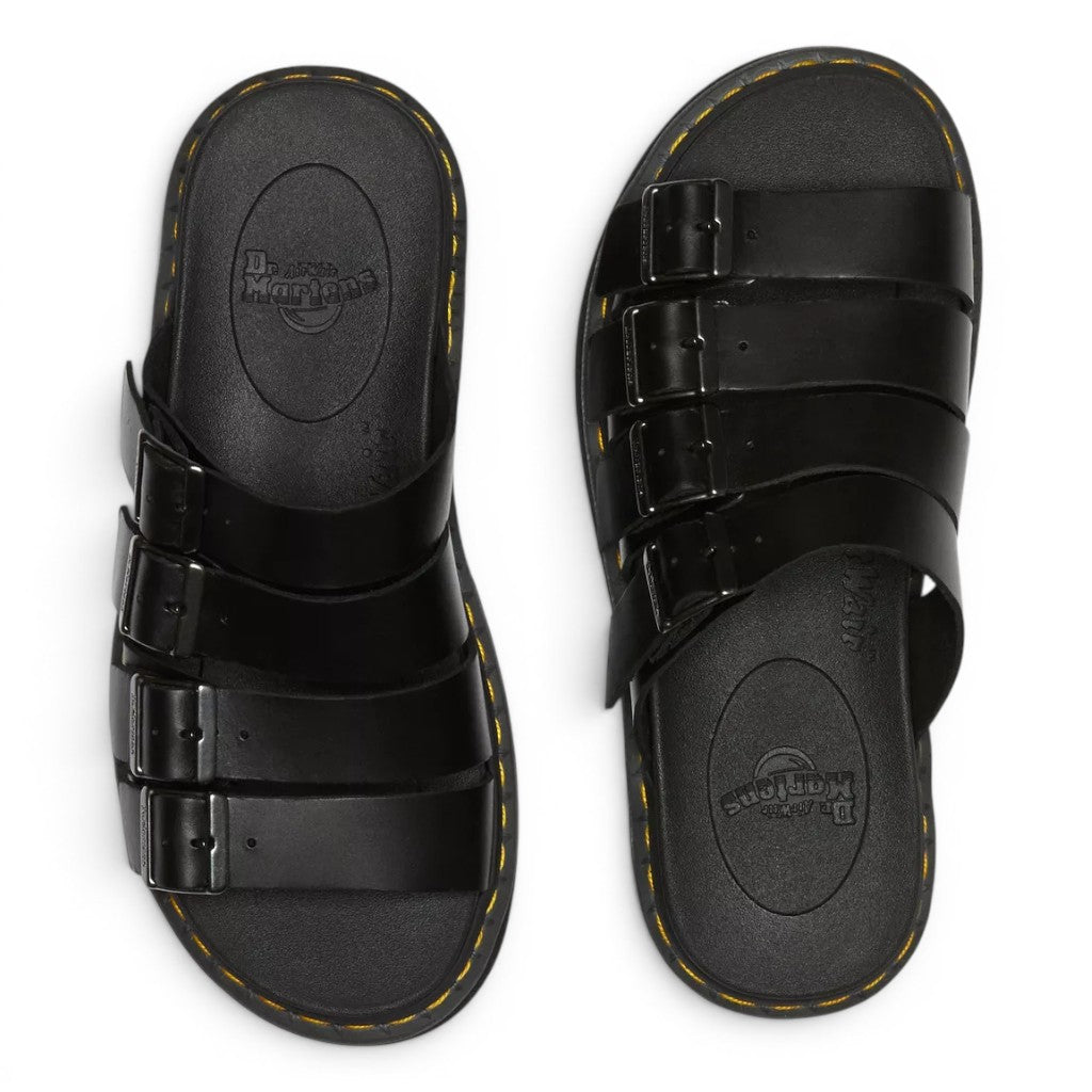 My Store Dr. Martens Tate Brando black leather slide sandals with three adjustable buckle straps and yellow stitching.