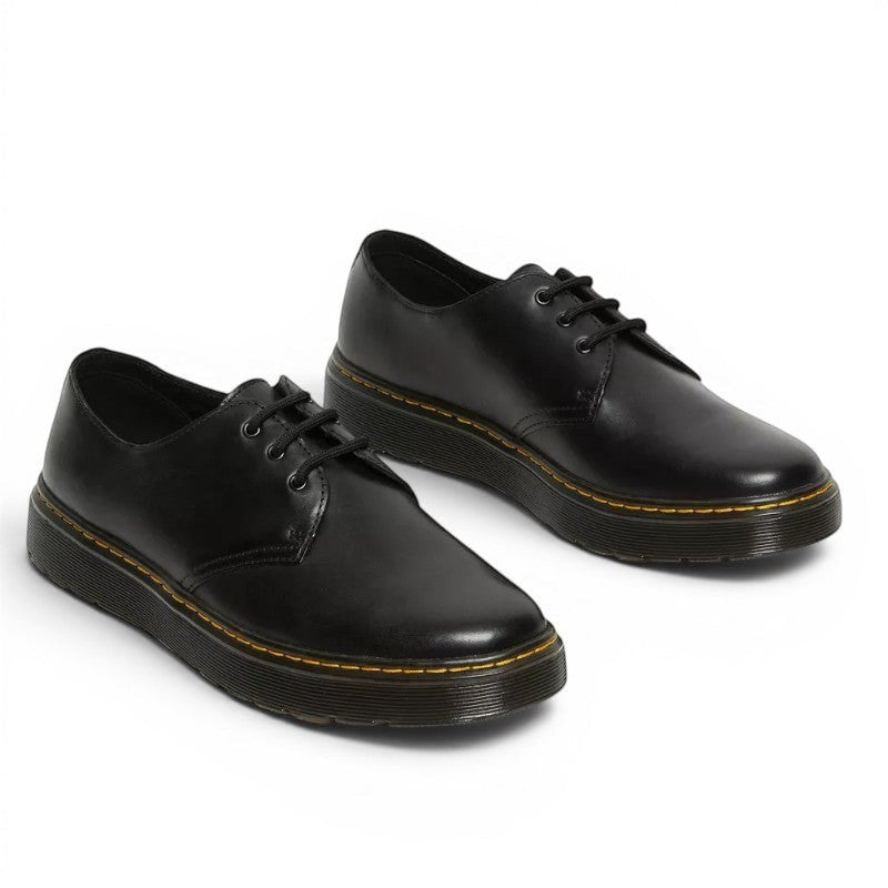 My Store Dr. Martens Thruston Lo black leather lace-up shoes with yellow stitching and PVC sole.