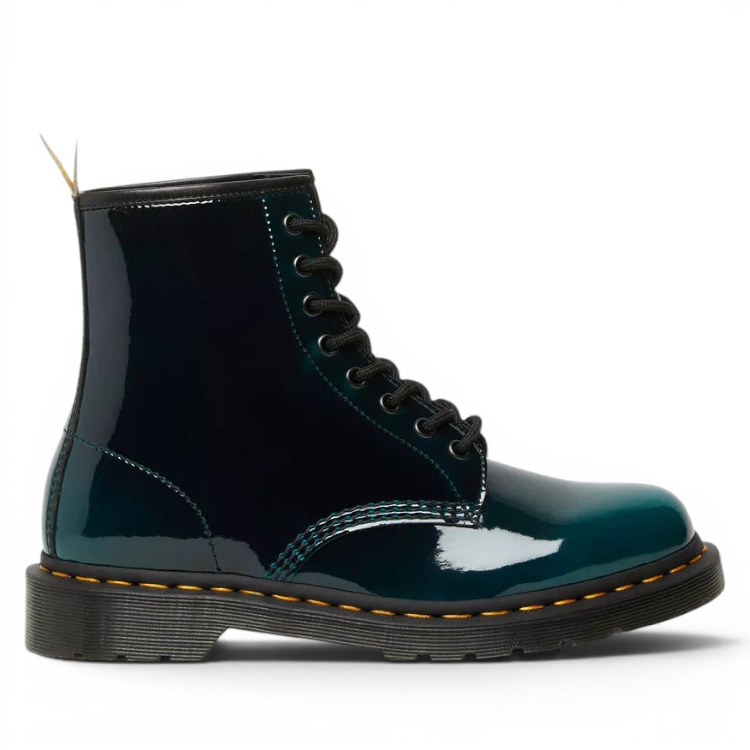 My Store Dr. Martens 1460 Gloss Vegan boots in dark teal patent synthetic material with black laces and yellow stitching.