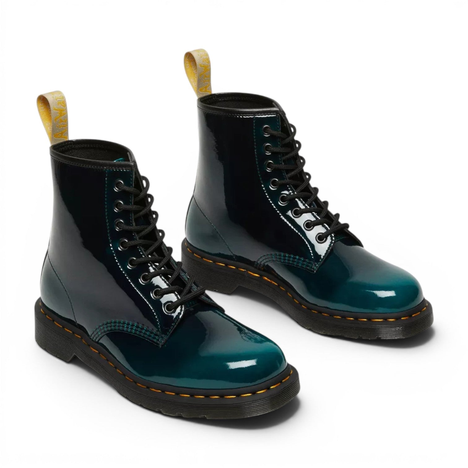 My Store Dr. Martens 1460 Gloss Vegan boots in deep teal patent synthetic material with yellow heel loop and black laces.