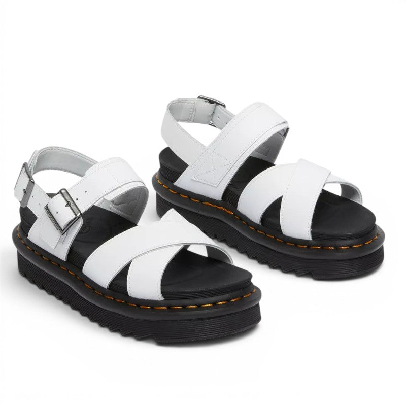 My Store Dr. Martens Voss II Hydro Leather white platform sandals with criss-cross straps and buckle closure.