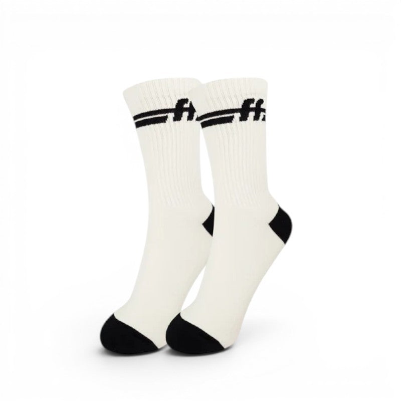 My Store F6 unisex white crew socks with black toe and heel accents and double black stripes with FF logo.