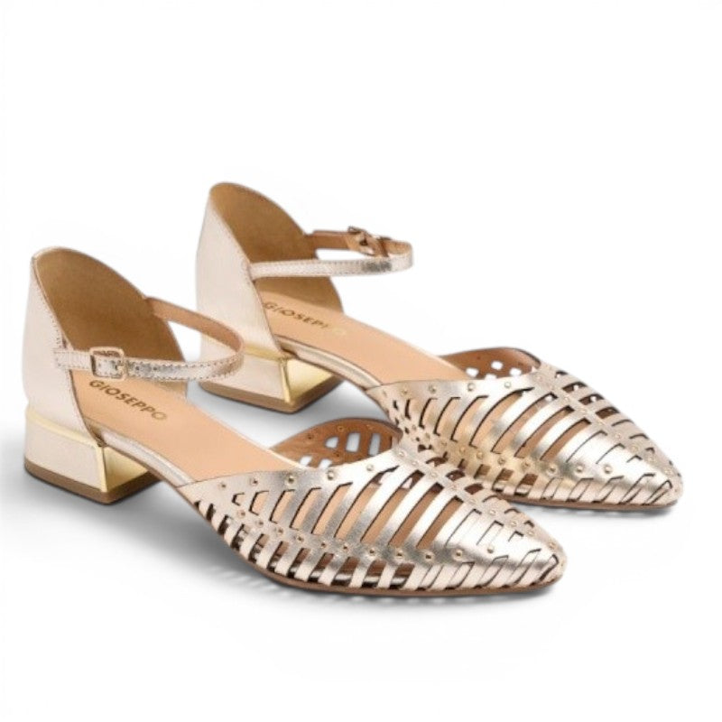 My Store Fletcher gold leather women's flat shoes with ankle strap and cut-out detail.