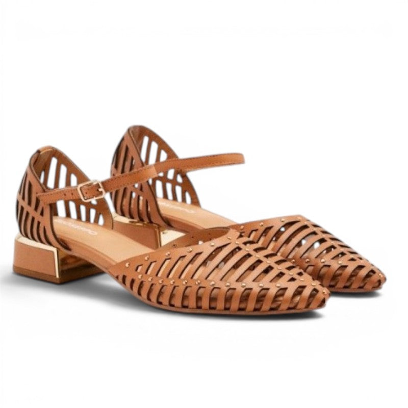 My Store Fletcher women's tan leather laser-cut flat sandals with ankle strap and 3cm block heel.