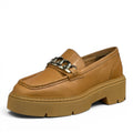 My Store GALYE tan leather loafers with silver chain detail and chunky platform sole.
