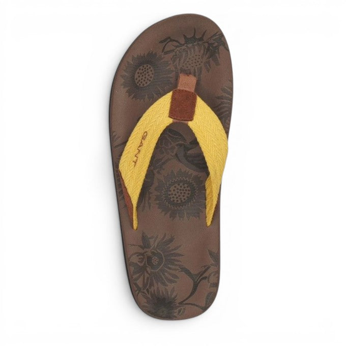 My Store GANT brown flip-flops with yellow textile straps and a sunflower print.