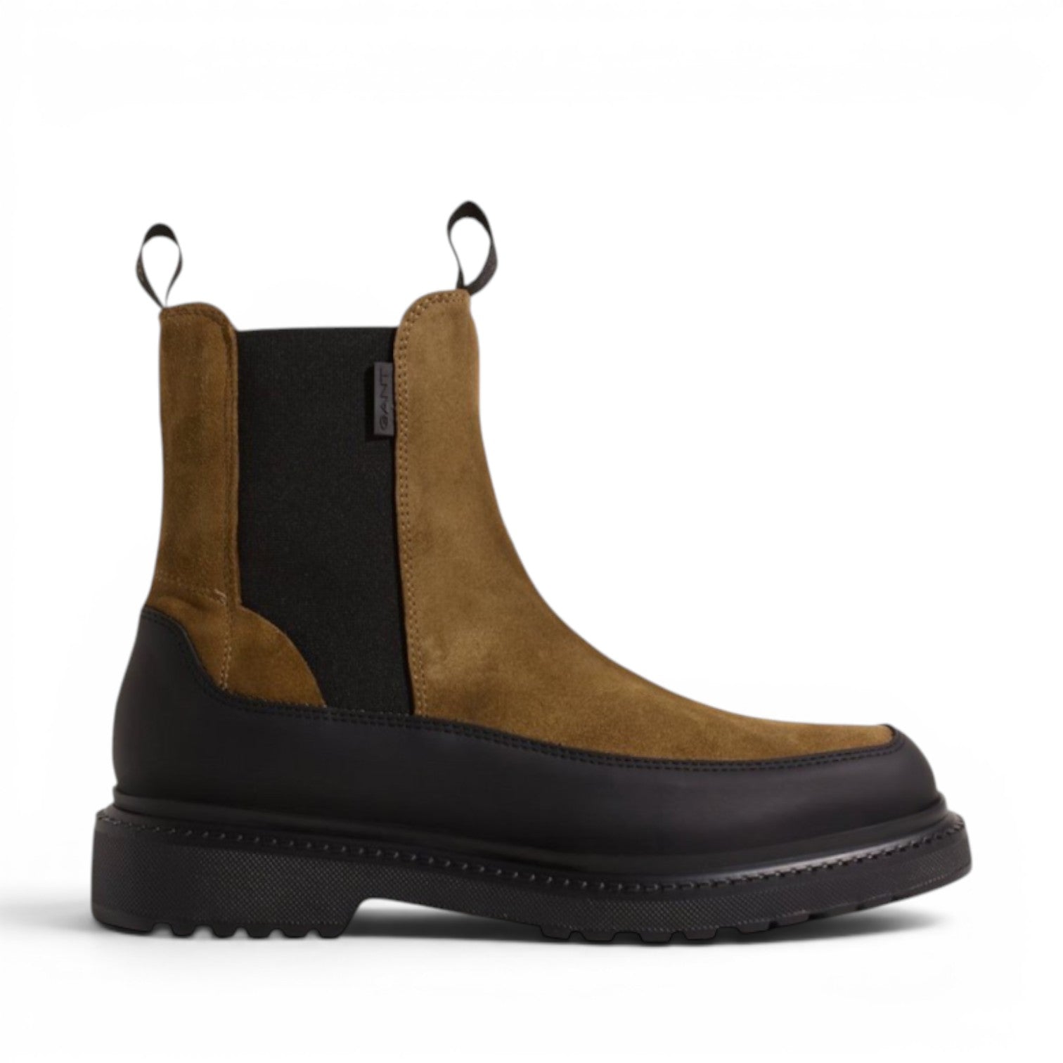 My Store GANT Ramville brown suede and black synthetic leather chelsea boots with elastic side panels and pull tabs.