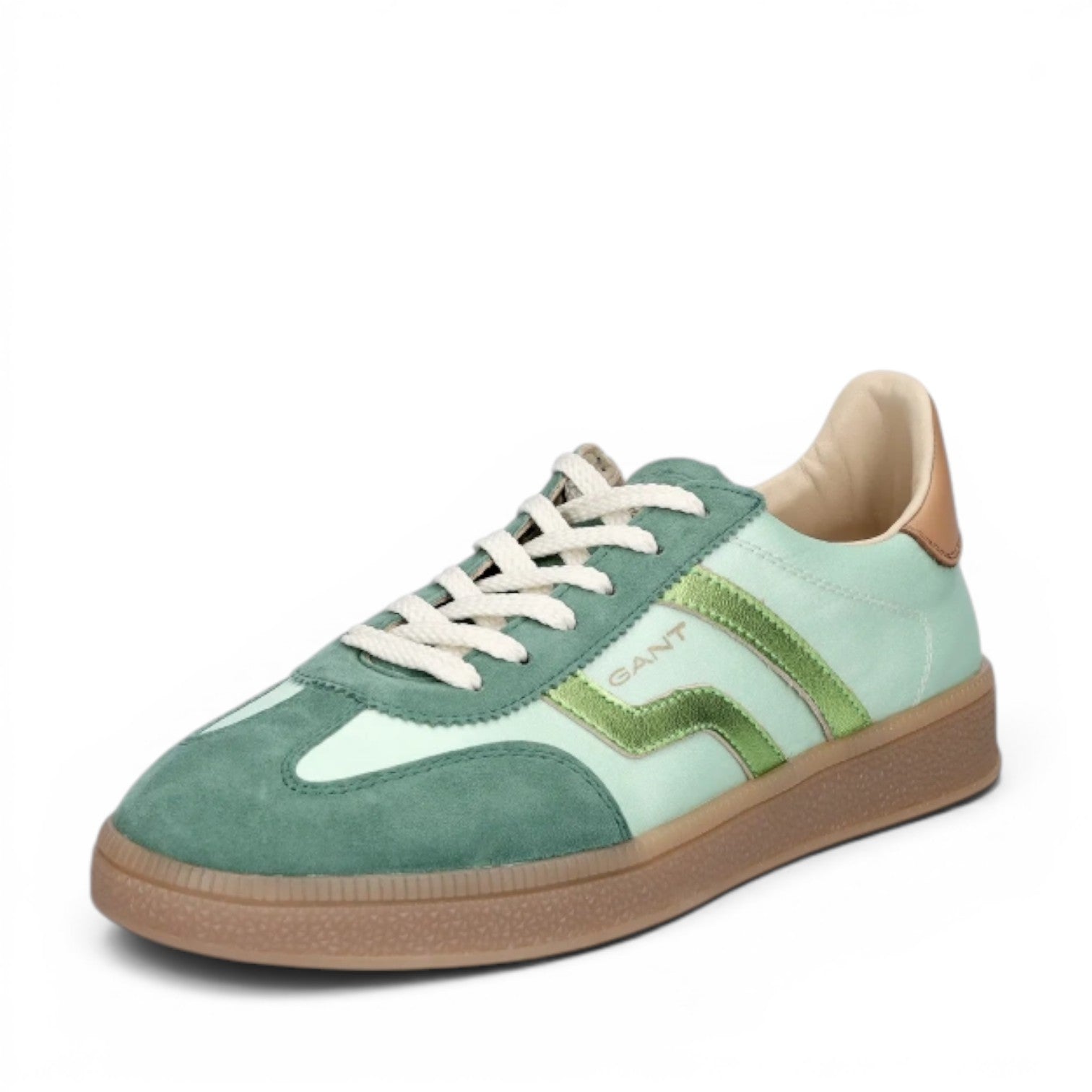 My Store GANT sneakers in mint green and forest green suede with metallic green stripes and a tan heel tab.