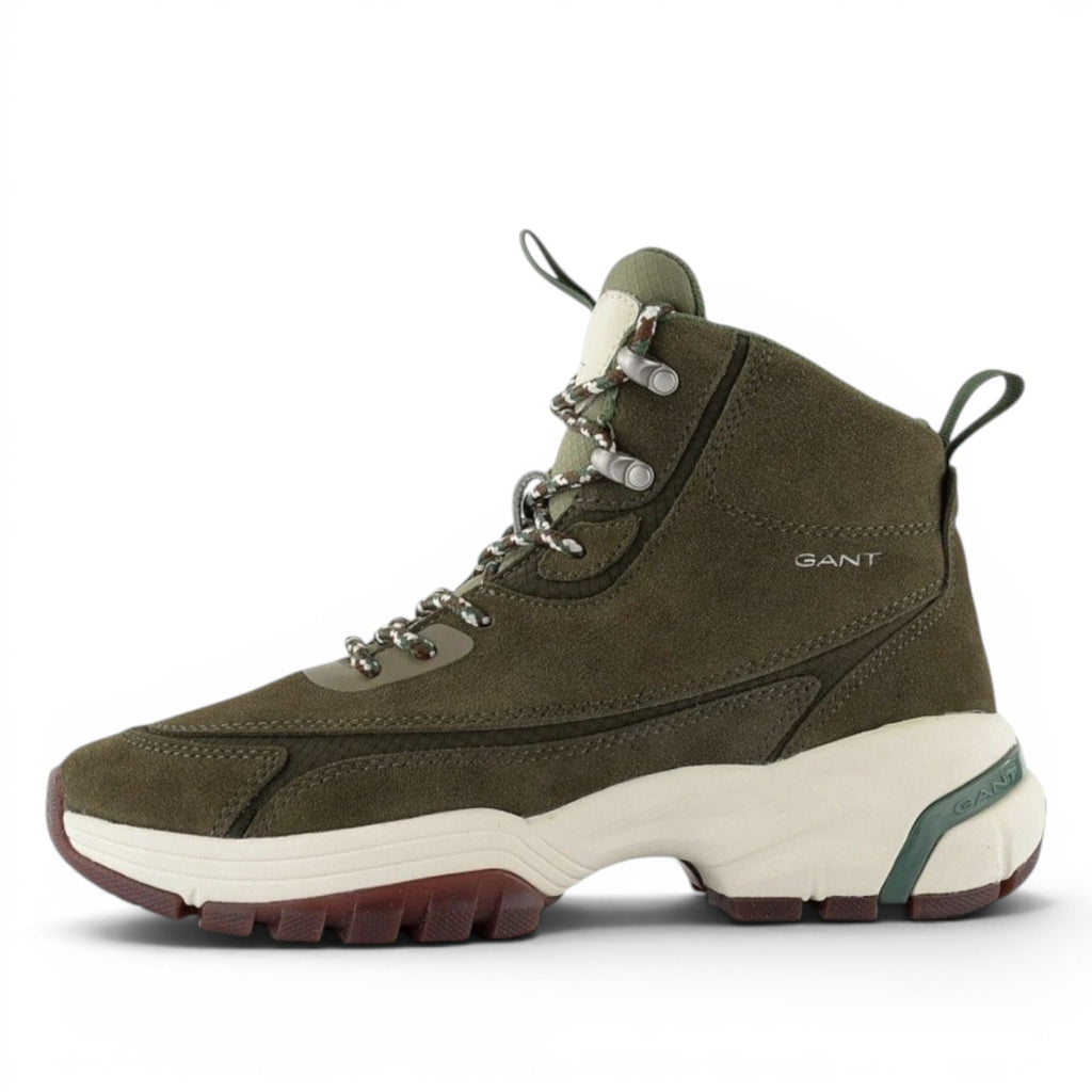 My Store olive green suede and textile hiking boots with rubber soles and decorative laces.