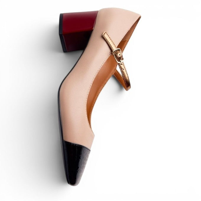 My Store Gioseppo 76037 women's beige synthetic mary jane heels with black croc-embossed toe and burgundy block heel.