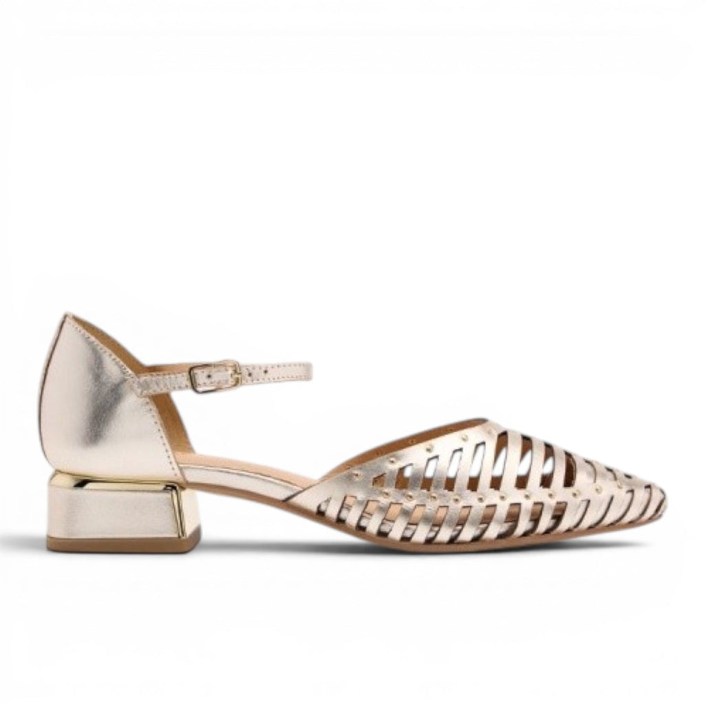 My Store gold leather d'Orsay flats with woven toe and ankle strap, 3cm block heel.