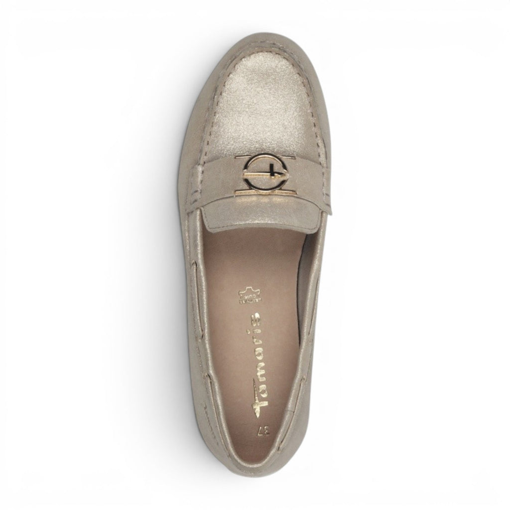 My Store gold leather loafers with buckle detail. Comfortable, elegant women's shoes for office or casual wear.