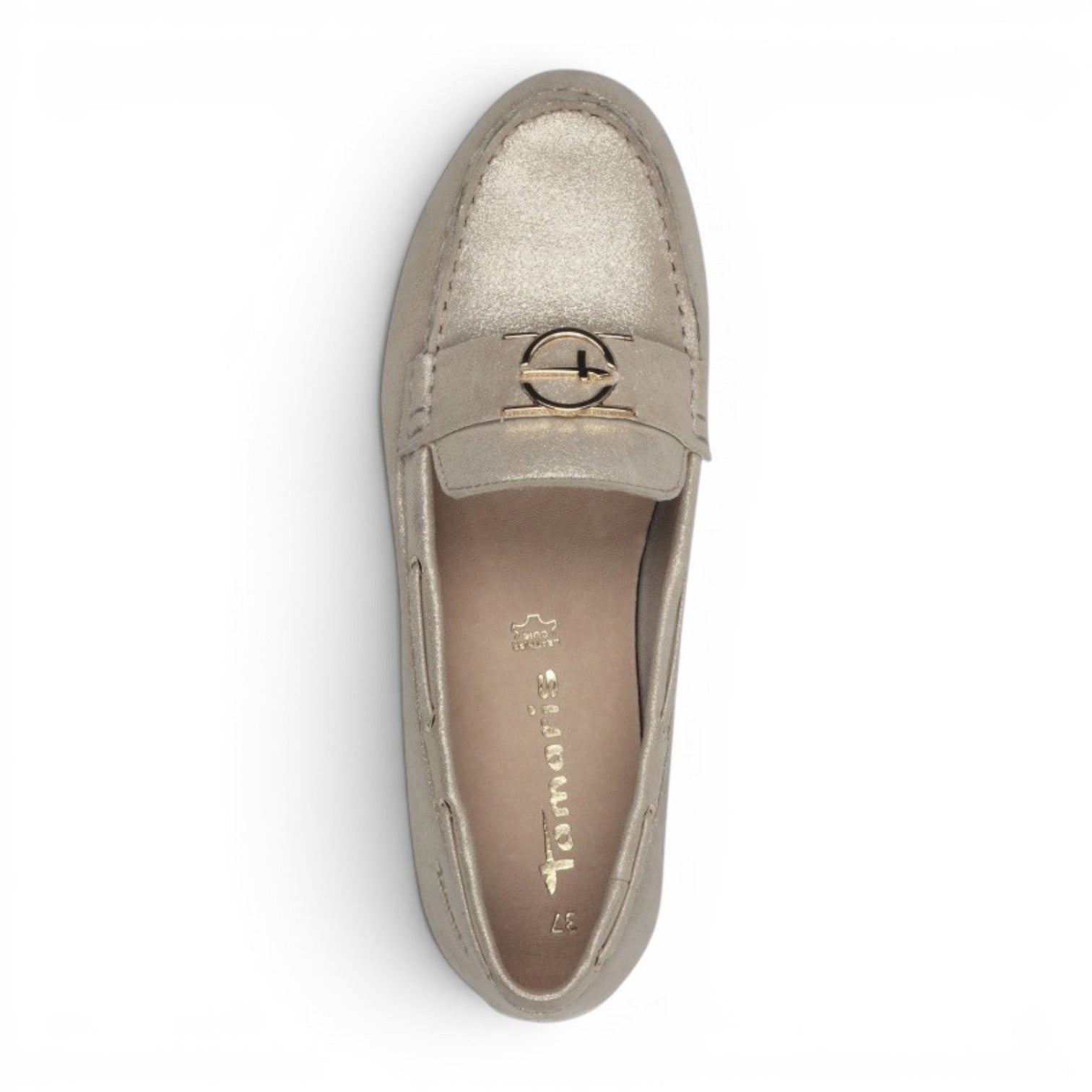 My Store gold leather loafers with buckle detail. Comfortable, elegant women's shoes for office or casual wear.