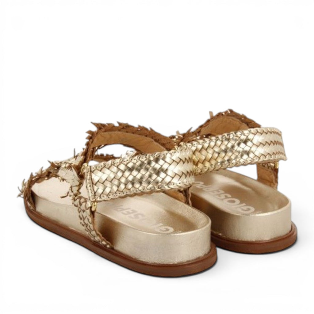 My Store gold leather braided strap sandals with fringed detail and buckle closure.