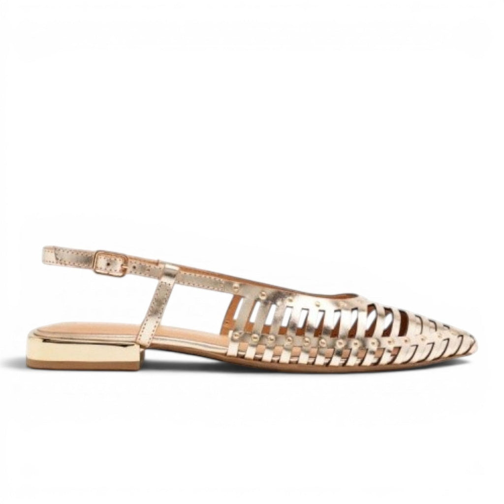 My Store gold leather slingback flats with woven detail and buckle strap. Pointed toe.