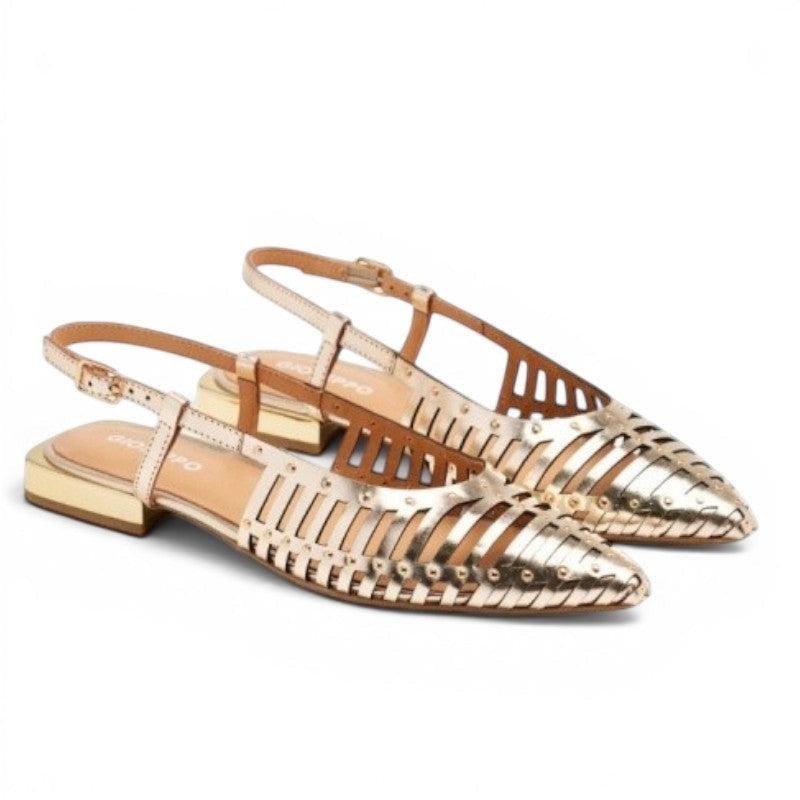 My Store gold leather slingback flat sandals with woven detail and adjustable ankle strap.