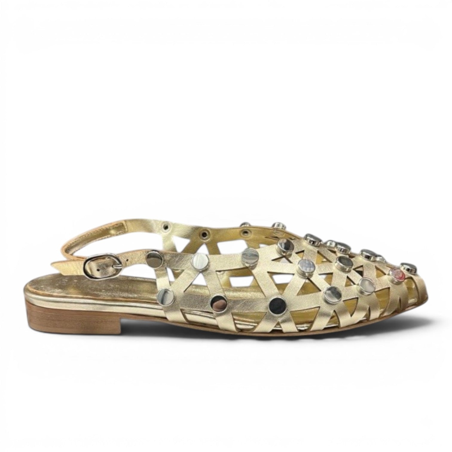 My Store gold leather woven flat sandals with silver stud embellishments and slingback strap.