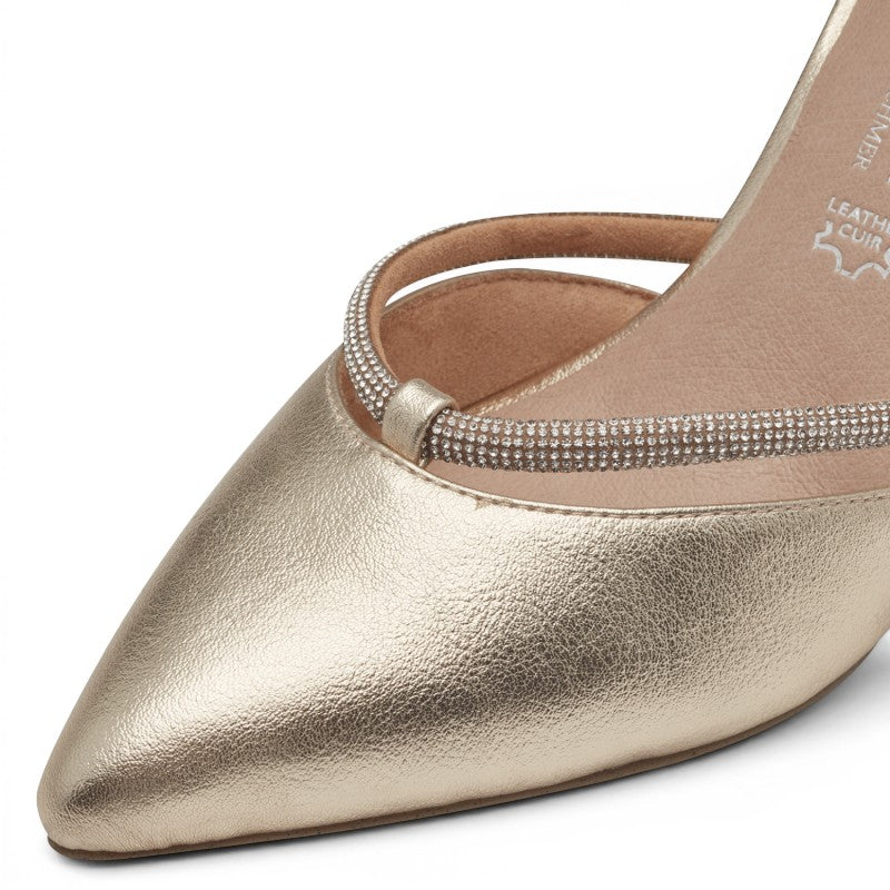 My Store gold synthetic pointed-toe flats with rhinestone strap and leather insole. 80mm heel.