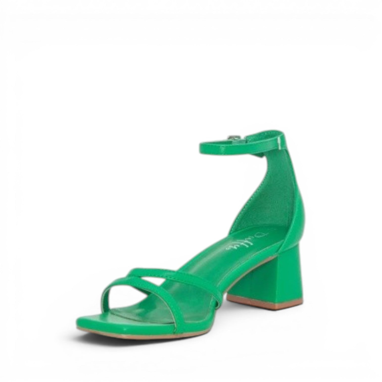 My Store green synthetic leather block heel sandals with ankle strap and open toe.