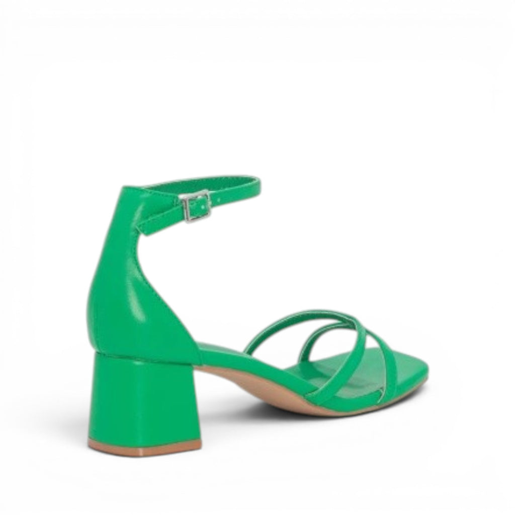 My Store green faux leather block heel sandals with ankle strap and open toe.