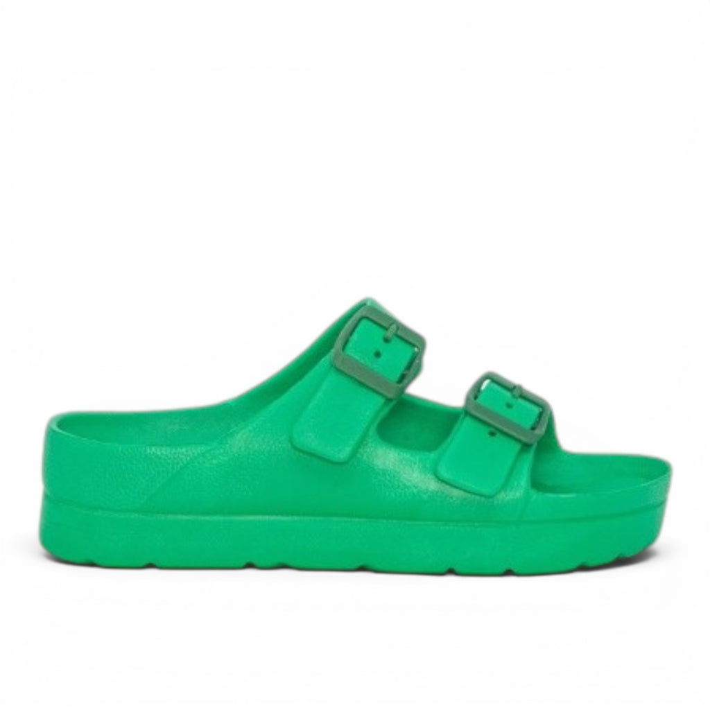 My Store green synthetic double buckle platform slides