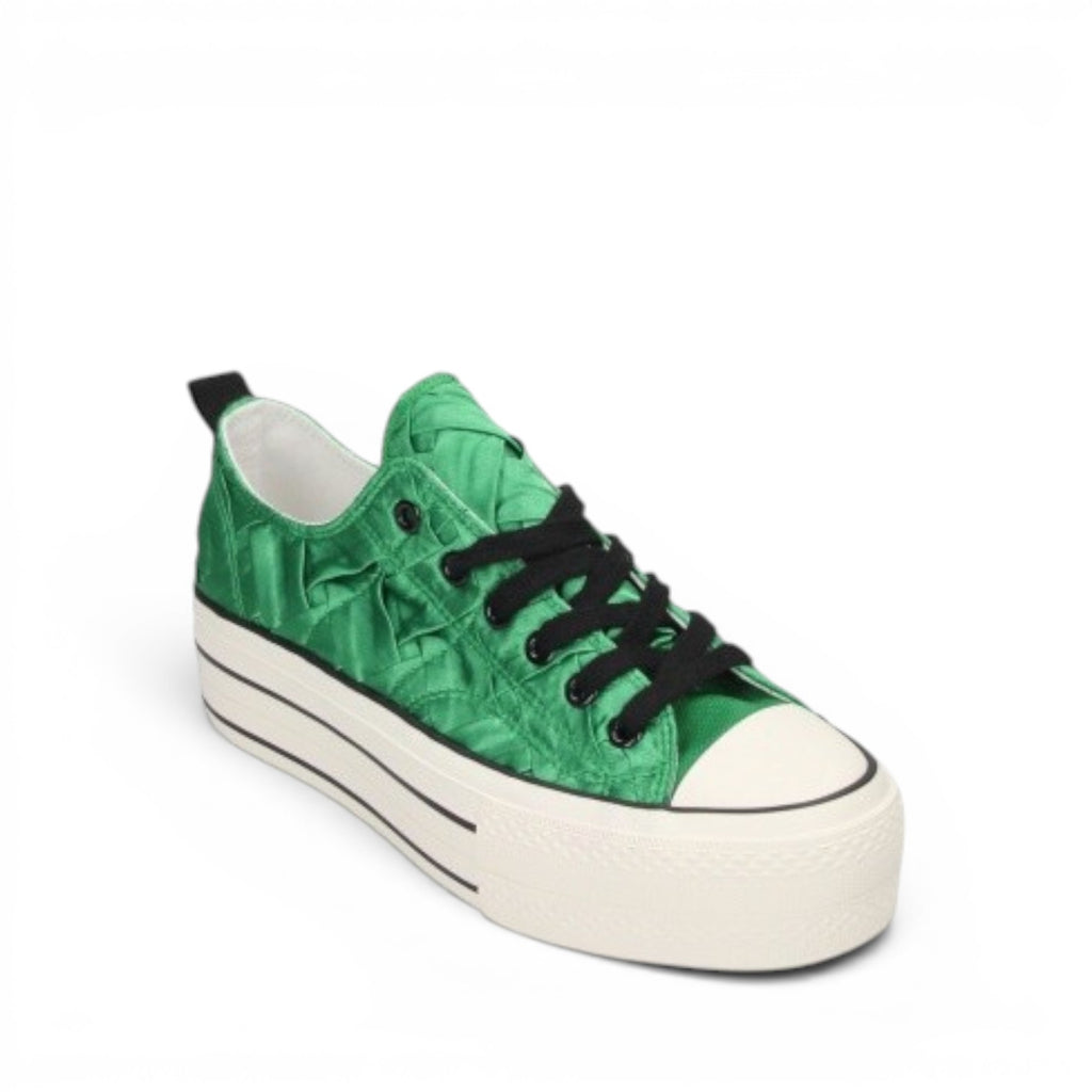 My Store Claudia Ghizzani green satin platform sneakers with black laces and a textured design.