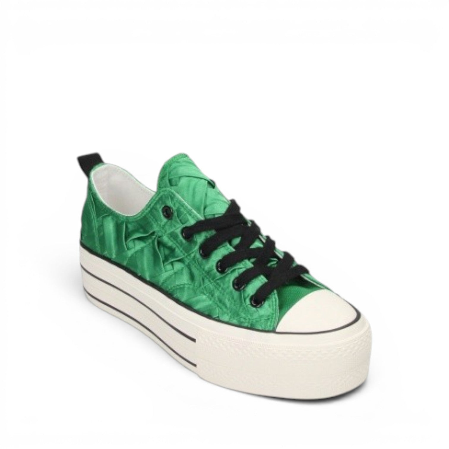 My Store Claudia Ghizzani green satin platform sneakers with black laces and a textured design.