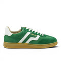 My Store green suede leather sneakers with white stripe details and white laces. Leather insole and textile lining.