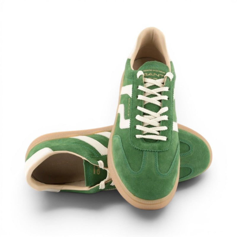 My Store green suede leather sneakers with white stripe detail and cream laces. Textile lining, leather insole.