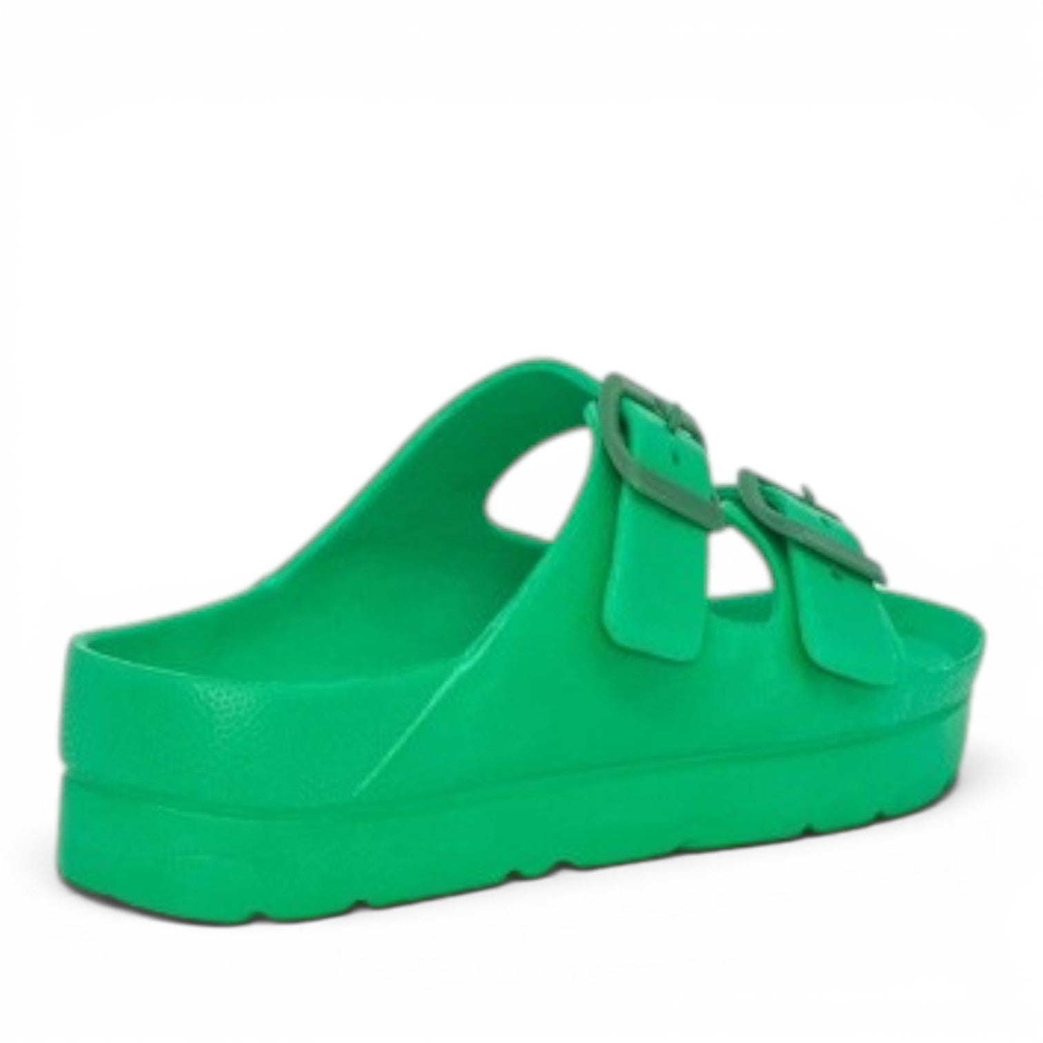 My Store green synthetic material slide sandals with double buckle straps and platform sole.