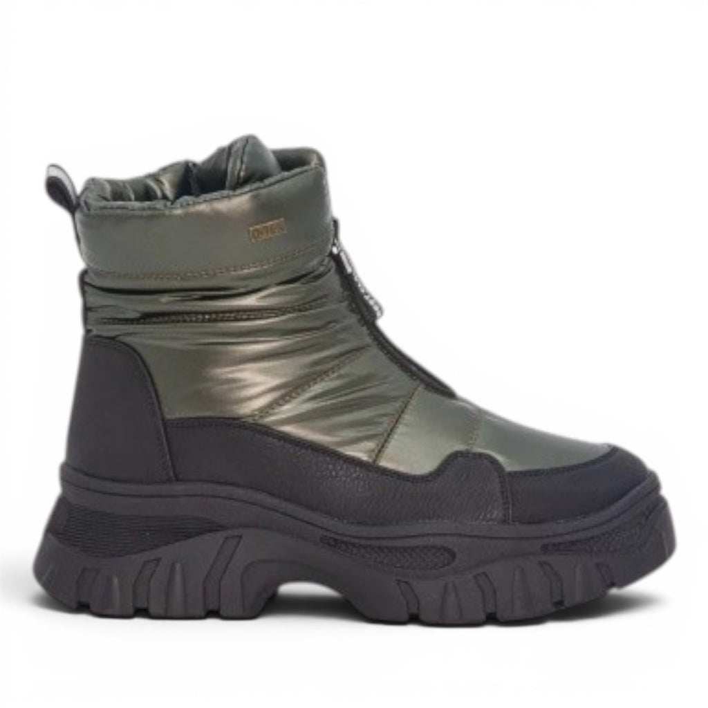 My Store green puffer and black faux leather winter boots with zipper and lug sole