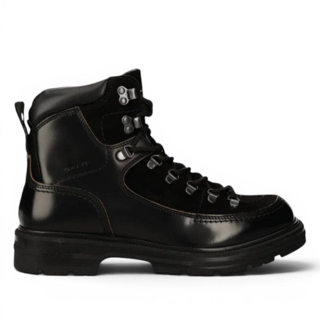 My Store Gretty black leather and suede hiking boots with wool lining and rubber sole.